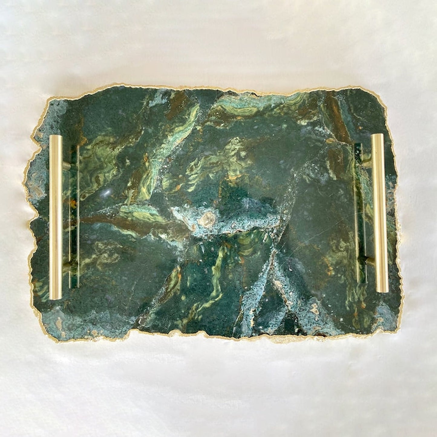 Large Green Agate Serving Tray With Brass Handles/Personalised Momentos/Sign Boards 10"x15"-0