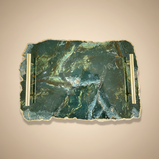 Green Agate Serving Tray With Brass Handles